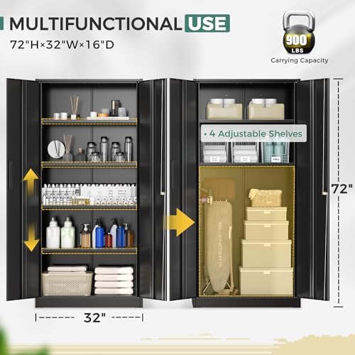Greenvelly Storage Cabinet, 72” Black Garage Steel Locking Cabinet with Doors and 4 Adjustable Shelves, Tall Lockable File &Tool Cabinet for Home Office, Metal Classroom Cabinet Basement