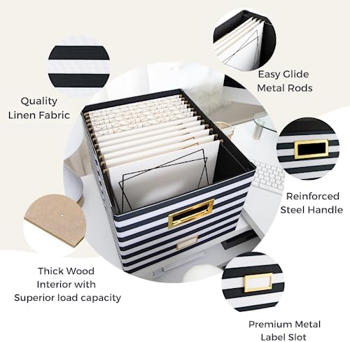 BLU MONACO | Decorative Hanging File Box with Lid | File Bins with Lids for Desk Storage | Desktop Hanging File Organizer for Legal Letter Folders Black White