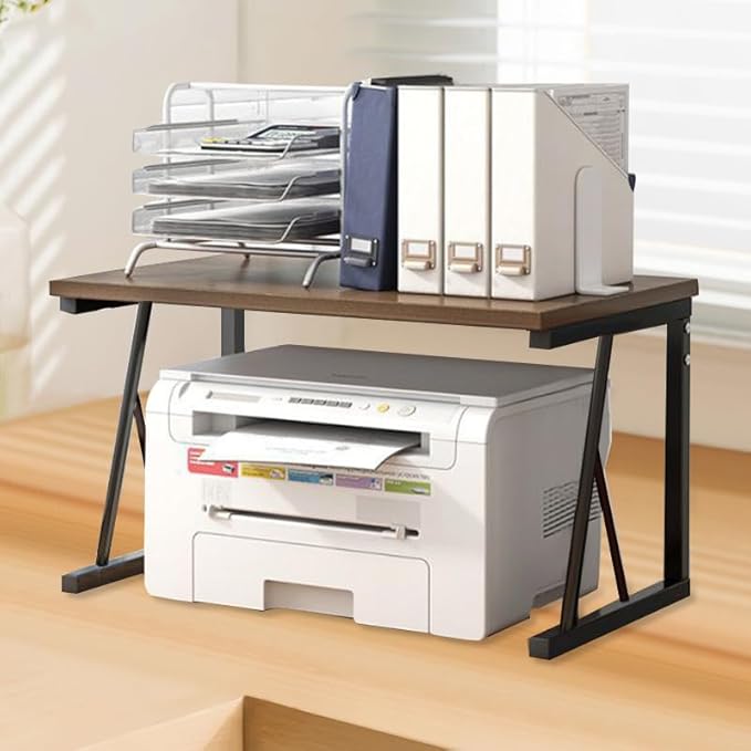 Printer Stand for Desk with Storage, Desktop Printer Stand Shelf Organizer, Fixed 2-Tier Heavy Duty Wood & Metal Desk Printer Stand, Small Printer Table for Home Office Kitchen, 100 lb Capacity