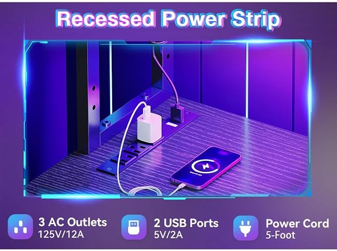 AODK L Shaped Desk Gaming Desk with LED Light & Power Outlet | 53 Inch Black Reversible L Shaped Computer Table with Shelf & Storage Bag & Hook for Home Office