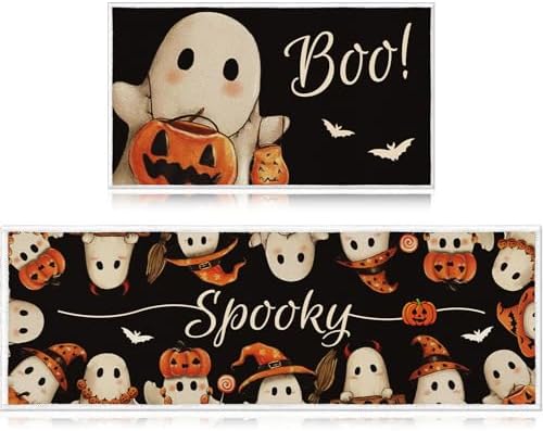Halloween Kitchen Mats Set of 2, Boo Pumpkin Ghost Kitchen Rugs