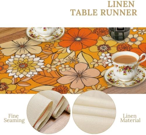 Floral Table Runner Retro 70s Hippie Daisy Flower Peace Love Birthday Party Retro Kitchen Dinning Home Decoration 13x60 Inch
