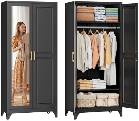 SteeLoong 71”Armoire Wardrobe Close,Black Wardrobe Cabinet with Mirror Door