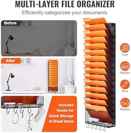 VEVOR File Wall Rack, 1-Piece 16 Pockets Mesh Wall File Holder, Wall Mounted Magazine Mail Paper and Document Storage Folder WJBGJHSWJSWSGLDOLV0