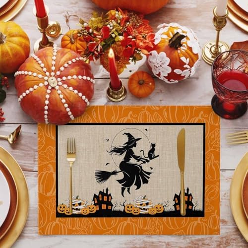 Vandarllin Halloween Fun Placemats Set of 4, Haunted House Witches Cat Pumpkins Cotton Linen Stain Resistant Table Mats Washable Placemat Decoration for Kitchen Dining Table,Scary Movie Nights