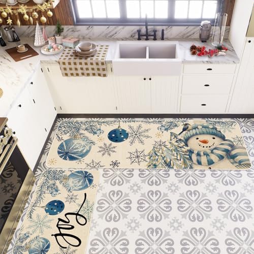 JarThenaAMCS Winter Christmas Kitchen Mats Blue Snowman Xmas Ball Snowflake Welcome Floor Mat Non-Slip Door Rugs for Indoor Outdoor Bathroom, 17 x 29 Inch & 17 x 47 Inch