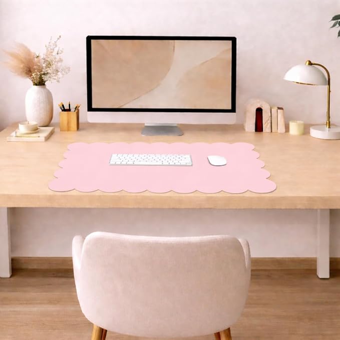Orelle Pink Scalloped Desk Mat | Vegan Leather Desk Mat for Keyboard and Mouse, Laptop, Makeup Vanity | Computer Desk Pad Mat | Office Desk Cover Mat | Desk Blotter Mat | 30 x 15” | Pink