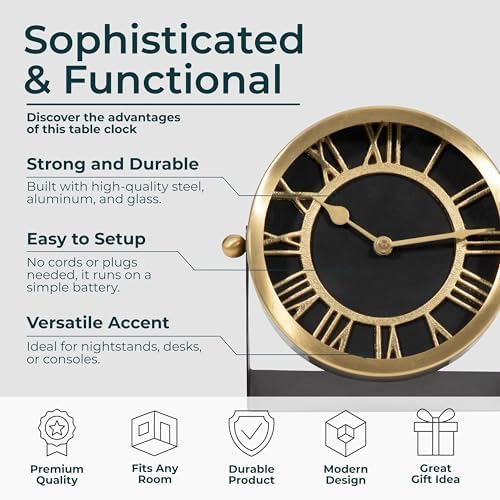 Metal Table Clock for Living Room Decor - Desk Clock for Office Desk, Study Room, Living Room, Mantel or Table Styling - Small Home Decor for Shelf or Tabletop Display - 7", Gold & Black