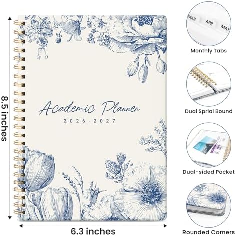 Planner 2026-2027, A5 (6.3" x 8.5") Hardcover Weekly & Monthly Planner July 2026 - June 2027 with Monthly Tabs, Academic Planner for School, Work and Office, Blue Elegance