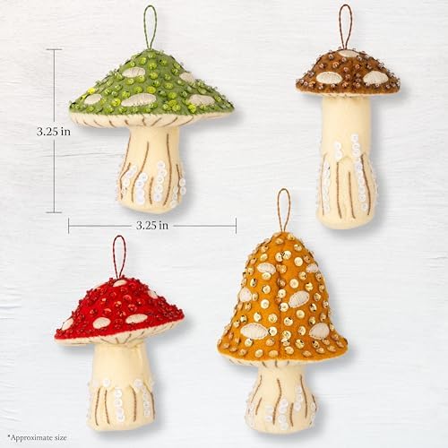Bucilla Felt Applique 4 Piece Ornament Making Kit, Merry Mushrooms, Perfect for DIY Arts and Crafts, 89670E
