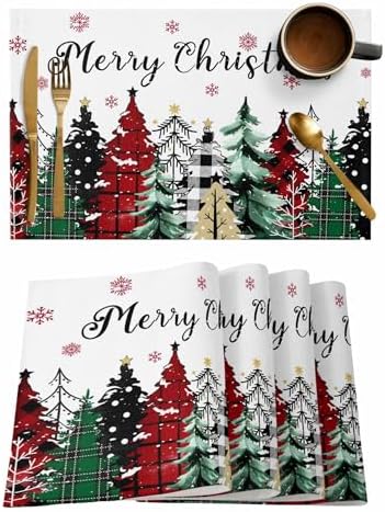 Merry Christmas Placemat 1PC, Red Green Plaid Pine Tree Heat Resistant Washable Table Place Mats White Snowy Forest Winter Cotton Table Linens Party Holiday Decor for Kitchen Dining Outdoor Indoor
