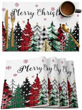 Merry Christmas Placemat 1PC, Red Green Plaid Pine Tree Heat Resistant Washable Table Place Mats White Snowy Forest Winter Cotton Table Linens Party Holiday Decor for Kitchen Dining Outdoor Indoor