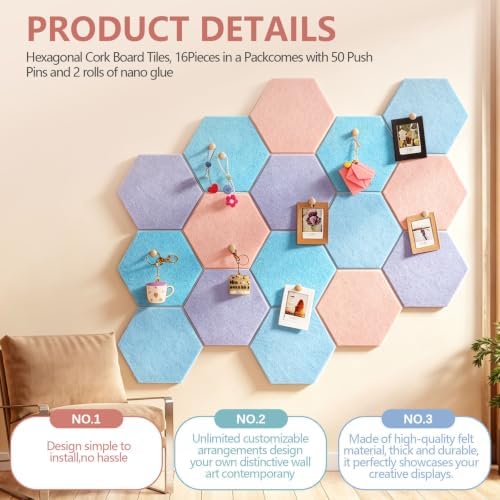 6.7 x 5.9 in 16 Pcs Hexagon Cork Board Tiles, Felt Pin Boards, Pastel