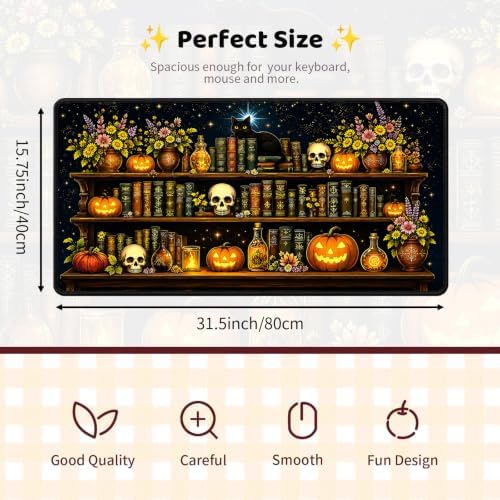 Pumpkin Bookshelf Large Mouse Pad, Black Cat Skull Desk Mat, 31.5"x15.75"