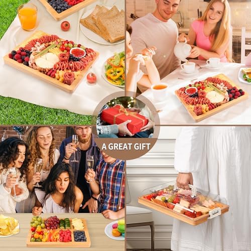 CAWIU Charcuterie Board with Lid and Handle - Portable Travel Design Bamboo Cheese Board Set with 4 Cheese Tools, Gift for Housewarming, Weddings, Picnics(8 Compartments, White)