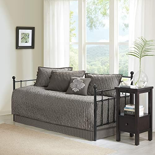 Madison Park Cotton Daybed Cover Set-Double Sided Quilting Classic Cottage Design All Season Bedding with Bedskirt, Matching Shams, Decorative Pillow, 75"x39", Quebec Dark Grey 6 Piece