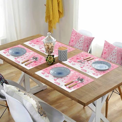 Pink Christmas Placemats Set of 4, White Xmas Tree Snowflakes Pink Balls Heat Resistant Washable Table Place Mats Winter Cotton Table Linens Party Holiday Decor for Kitchen Dining Outdoor Indoor