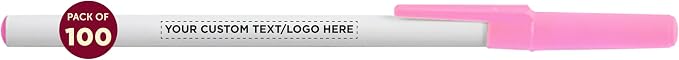 DISCOUNT PROMOS Custom Value Stick Pens Set of 100, Personalized Bulk Pack - Black Ink, Great for Office, School, Business, Tradeshows, Events - Pink