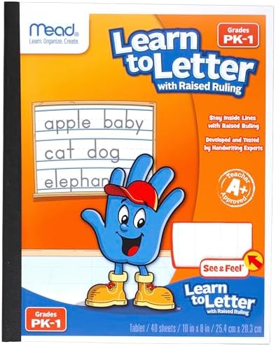 Mead Learn to Letter Writing Tablet, Handwriting Practice Pad Grades PK-1, 10" x 8", Solid & Dotted Raised Ruling, 40 Sheets, 4 Pack (480018)