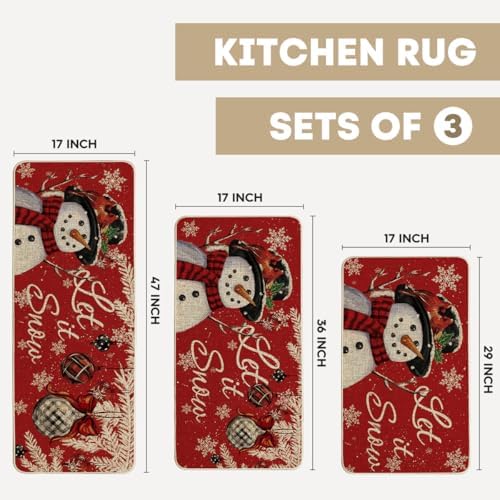 Artoid Mode Snowman Let It Snow Snowflake Christmas Kitchen Mats Set of 3, Winter Home Decor Low-Profile Kitchen Rugs for Floor - 17"x29"+17"x36"+17"x47"