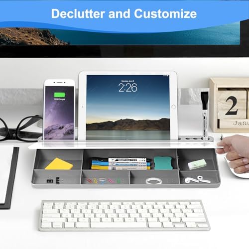 Desktop Glass Whiteboard with Storage, Desk Dry Erase White Board Gray