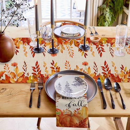 Fall Pumpkin Table Runner Dresser Scarf 13 x 120 Inch Harvest Orange Maple Leaves Table Runners Non-Slip Heat Resistant Kitchen Dining Table Decor for Autumn Thanksgiving Holidays Indoor Outdoor