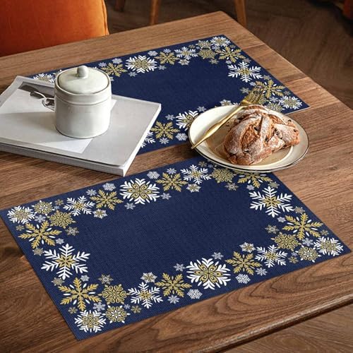 Gold White Snowflakes Christmas Placemats Set of 4, Winter Xmas Holiday Heat Resistant Washable Table Place Mats Navy Blue Cotton Table Linens Party Holiday Decor for Kitchen Dining Outdoor Indoor