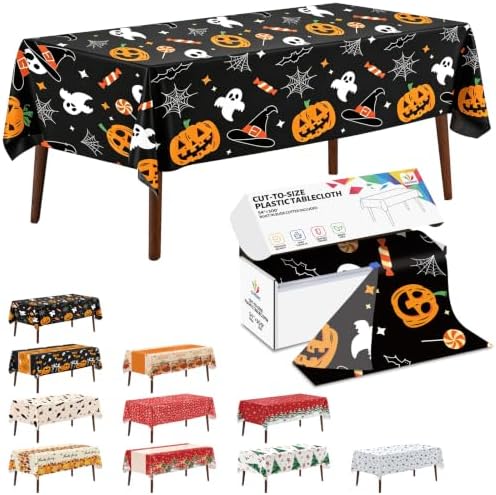 CXPSINC 54 Inch X 300 Feet Plastic Table Cover Roll Disposable Halloween Tablecloth with Slide Cutter Pumpkin Ghost Plistic Table Covers for Halloween Party Decorations(Pumpkin Ghost, 300 Feet)