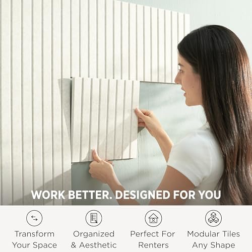 VIVELDA Felt Bulletin Board Tiles 48"x36" - 12-Pack Cork Board Alternative, OEKO-TEX Certified, NRC 0.95 Acoustic Felt Wall Panels, Damage-Free Adhesive, Slatted Design Home Office & Classroom (Linen)