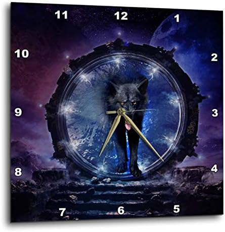 3dRose Wall Clock Silent - 13 inch - Awesome Black Wolf in The Night - Köhnen Design - Animal