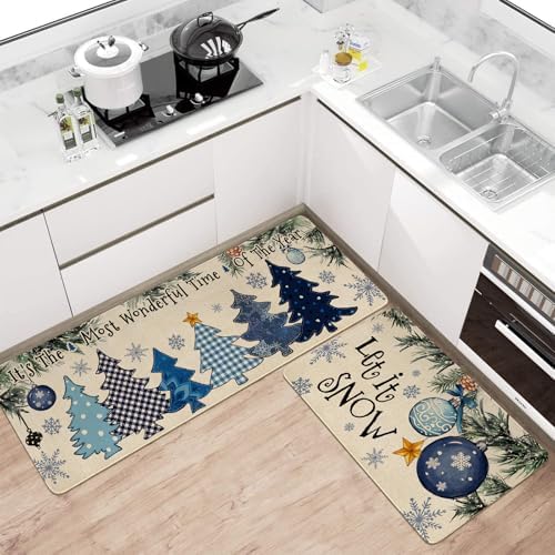 Winter Kitchen Rugs and Mats Set of 2,Let It Snow Blue Christmas Pine Trees Balls Ornament Snowflakes Winter Holiday Sink Mat Non Skid Washable for Home Farmhouse Floor Decor 17"x47"+17"x30"