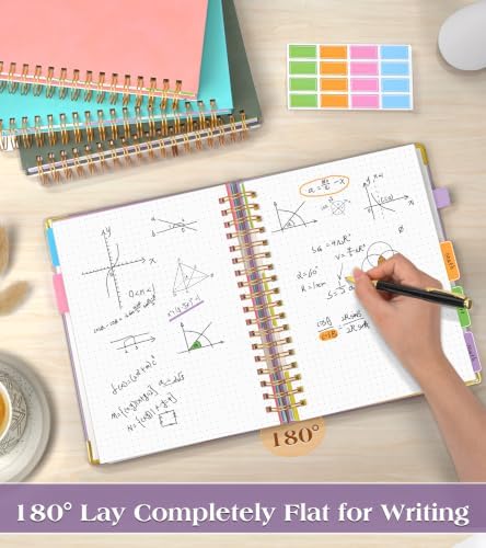 5 Subject Dotted Notebook with Removable Dividers Tabs, 300 Pages Hardcover Leather Dot Grid Spiral Journal, 8"x10" B5 Large Bullet Notebooks for Women Men Work School College Maths Sketching, Purple
