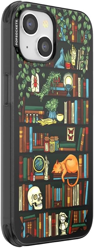 PopSockets iPhone 14 Phone Case with MagSafe, Wireless Charging Compatible, Bookish - Storied Shelves