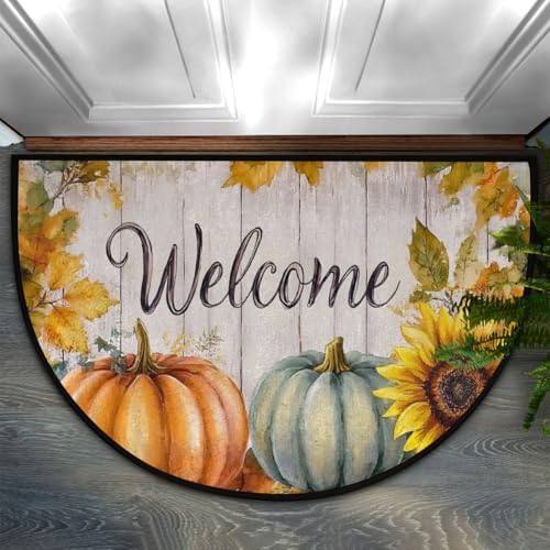 Autumn Pumpkin Sunflower Wood Half Round Door Mat, Non-Slip Welcome Indoor Entrance Way Rug Semi Circle Front Doormats Washable Bathroom Kitchen Floor Mat, Outdoor Rugs for Garage, Patio, Hearth Rug