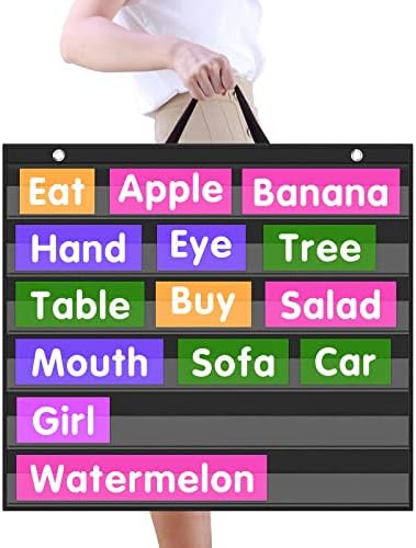 EAMAY Large Standard Pocket Chart for Classroom,Teacher Supplies for Sentence Strip and Card Display,Black Double Sided Table Top Pocket Chart with Hang/Stand/Portable(25Wx22L)