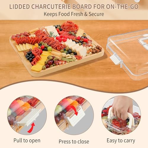 CAWIU Large Charcuterie Board with Lid, Portable Cheese Board & Snack Tray