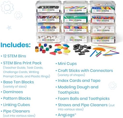 hand2mind STEM Bins Essential Kit by Brooke Brown, STEM Bins for Classroom, STEM Manipulatives for Elementary, STEM Activities, Kids Engineering Building Kits, Science Teacher Supplies (Set of 12)