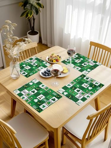 St Patrick's Day Placemats Set of 4,Lucky Shamrock Clover Gnomes Cotton Linen Heat Resistant Table Mats Green Black White Buffalo Gingham Plaid Washable Spring Holidays Decorations For Kitchen Dining