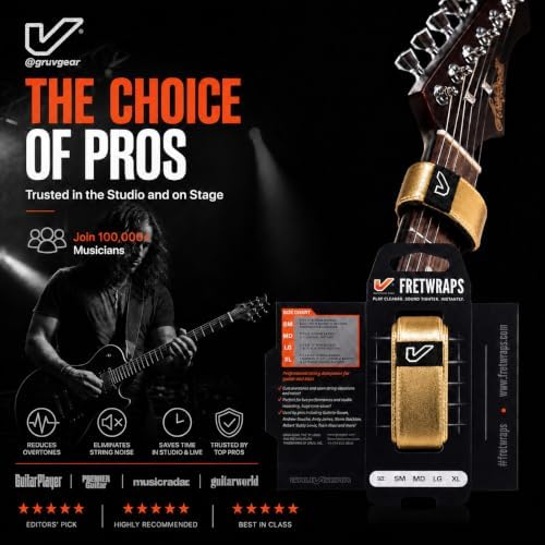 Gruv Gear Fret Wrap & Guitar Mute, Fretwrap for Acoustic, Electric & Bass | String Dampener Recording, Tapping & Practice Accessory (1 Pack, Small Gold, Fits 4 String Bass, 6 String Guitar)