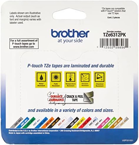 Brother Genuine P-Touch, TZe-6312Pk Tape ½” (12mm) 2-Pack Laminated P-Touch Tape, Black On Yellow Perfect for Indoor Or Outdoor Use, Water Resistant, 26.2 Ft. (8M)