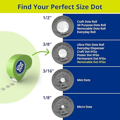 Glue Dots, Removable Dots Dot N' Go Dispenser, Double-Sided, 3/8", .38 Inch, 200 Dots, DIY Craft Glue Tape, Sticky Adhesive Glue Points, Liquid Glue Alternative, Clear