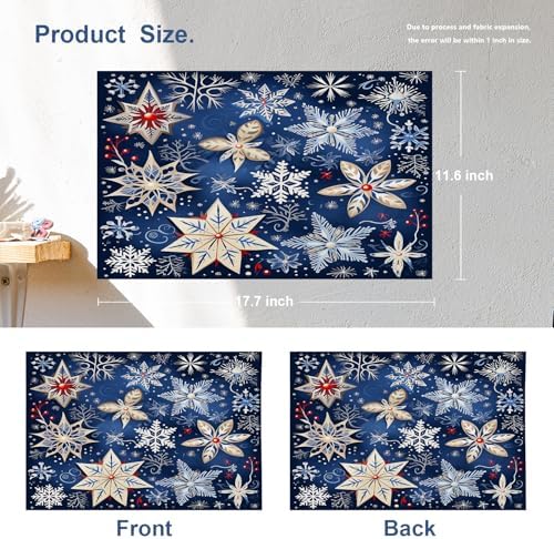 Batmerry Christmas New Year Linen Placemats Set of 4, Snow Red Fruit Blue Background Washable Table Mats for Kitchen Table Thickened Heat Insulation Dining Set Indoor Outdoor 12X18 in