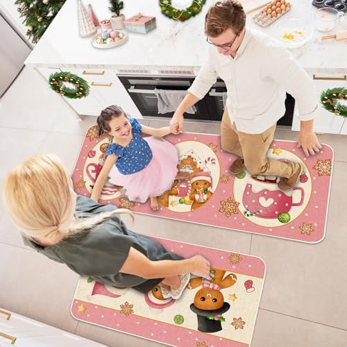 JarThenaAMCS Christmas Kitchen Mats Set of 2 Pink Gingerbread Man Non-Slip Floor Mat Xmas Decorative Rugs for Bathroom Kitchen, 17 x 29 Inch & 17 x 47 Inch