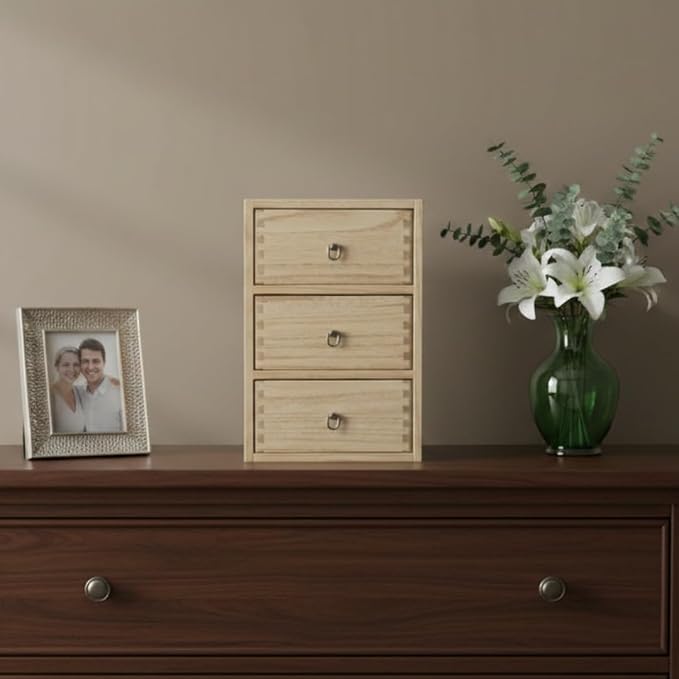 DDYURI Desktop Drawer Organizer Drawers Wooden Box Caddy Office Supplies Storage on Dresser Table 3-Tier Color-Light Brown