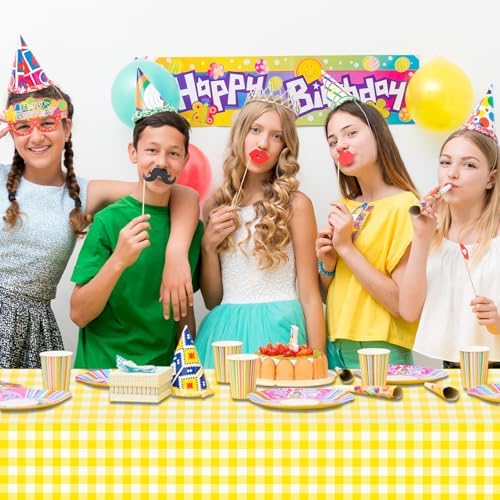 CXPSINC 54 Inch X 100 Feet Plastic Table Cover Roll Disposable Tablecloth with Slide Cutter for All Type/Shape Tables | Party, Banquet, Birthdays, Weddings(Yellow Checkered, 100 Feet)