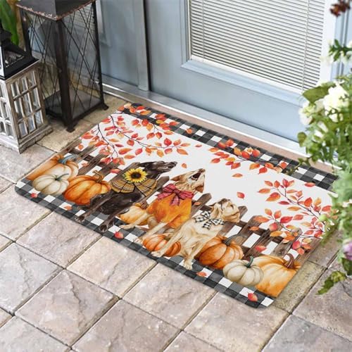 Fall Door Mat Orange Pumpkin Dog Doormat Bow Puppy Maple Leaves Fence Plaid Harvest Thanksgiving Welcome Mat Non Slip Entryway Front Rug Floor Mat for Indoor Outdoor Kitchen Autumn Holiday Decor 24x36