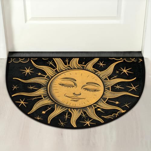 Pardick Boho Sun Half Round Door Mat, Non-Slip Welcome Indoor Entrance Way Rug Semi Circle Front Doormats Washable Bathroom Kitchen Floor Mat, Outdoor Rugs for Garage, Patio, Hearth Rug