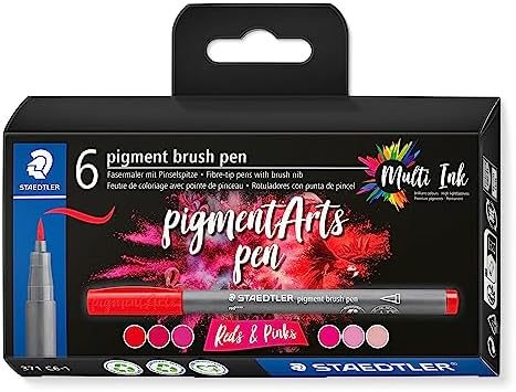 STAEDTLER Pigment Arts Brush Pen, Reds & Pinks, Pack of 6 Pens, 371 C6-1 Grey