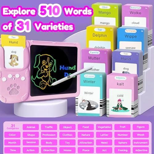 Writing Tablet with Bilingual Flash Cards for Kids, German, Pink