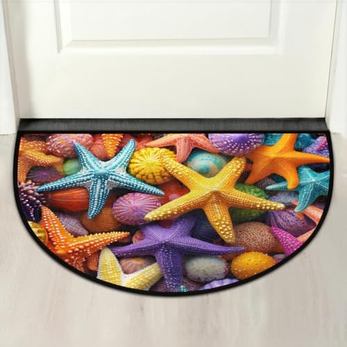 Ocean Starfish Half Round Door Mat Non Slip Washable Semi Circle Area Rug Absorbent Soft Half Moon Rug Floor Mat for Indoor Outdoor Kitchen Bathroom Patio Front Door Mat Decor